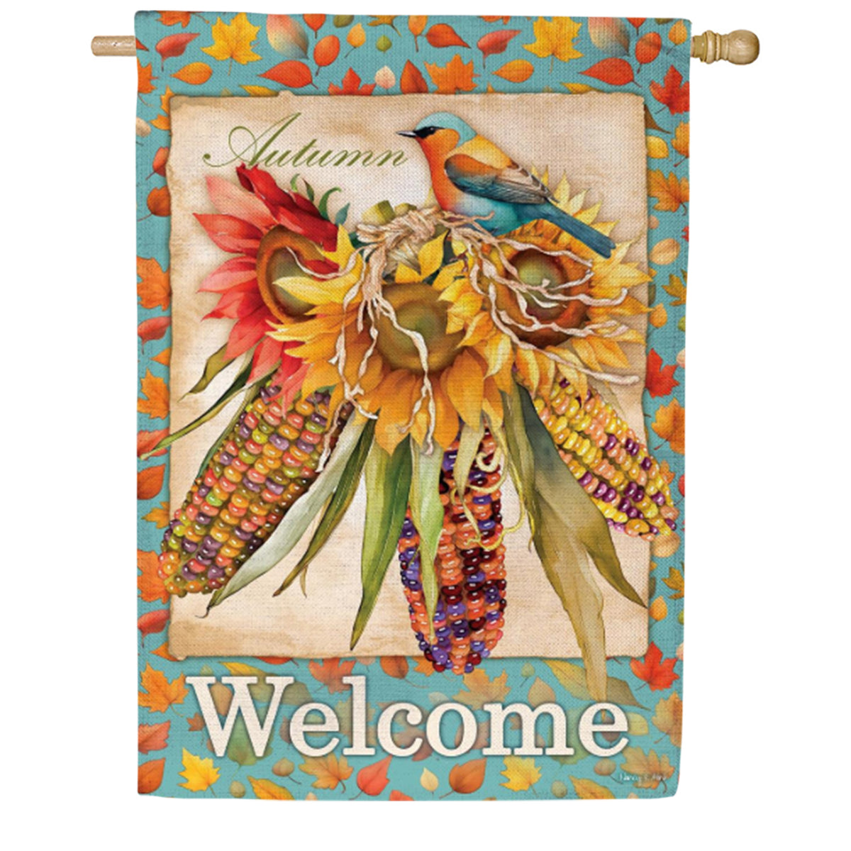 Evergreen Jeweled Fall Maize Burlap House Flag 
