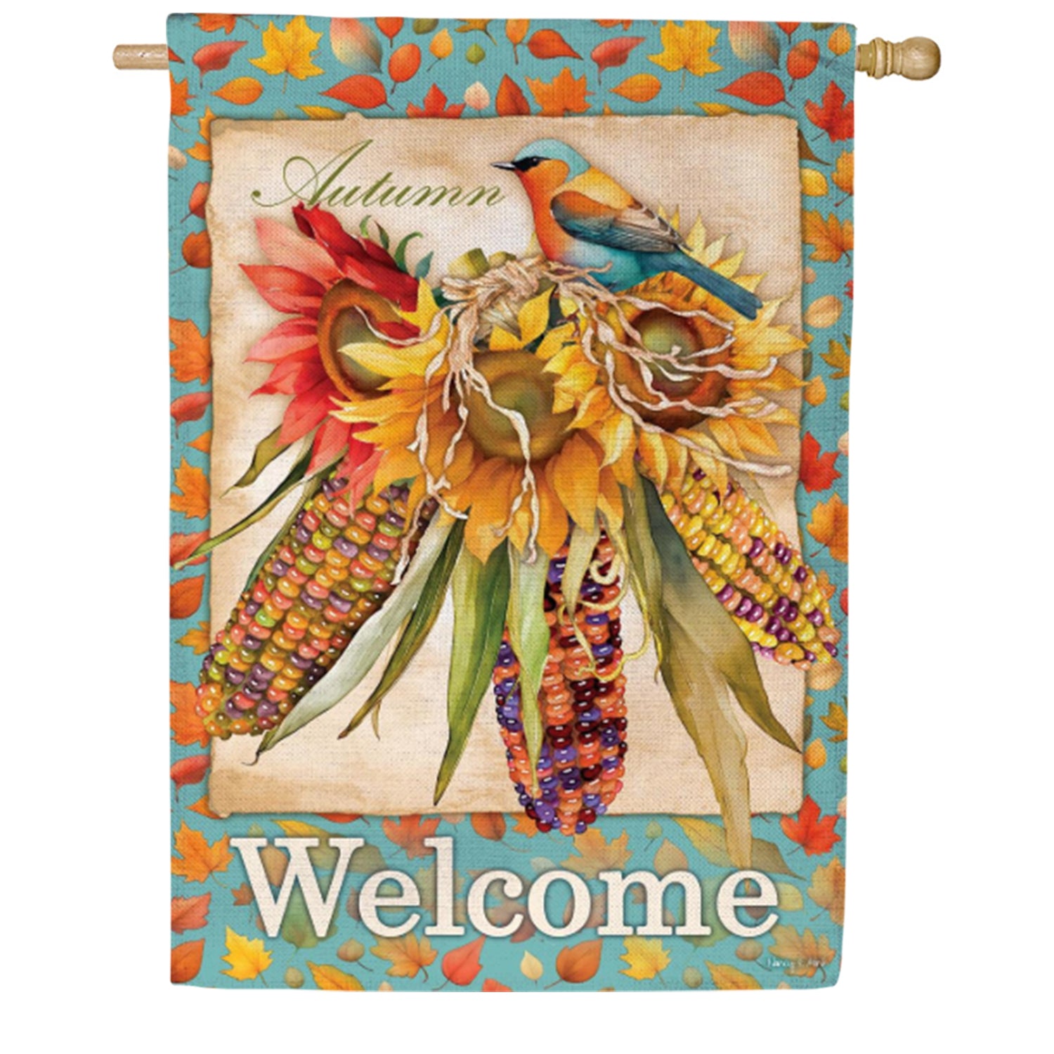 Evergreen Jeweled Fall Maize Burlap House Flag 