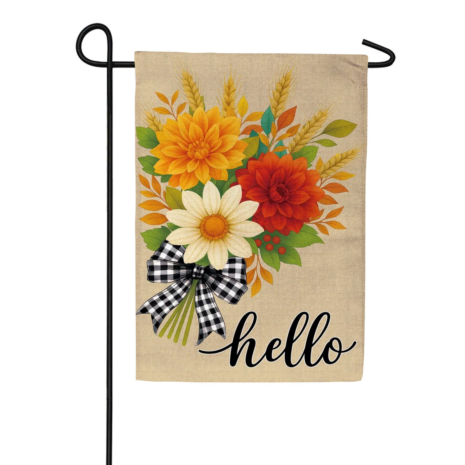 Evergreen Hello Fall Bow Florals Burlap Garden Flag