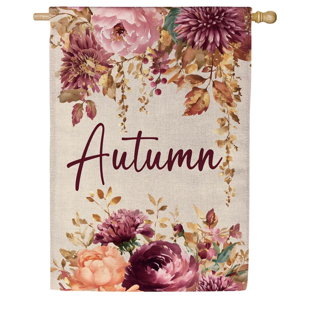 Evergreen Autumn Florals Burlap House Flag