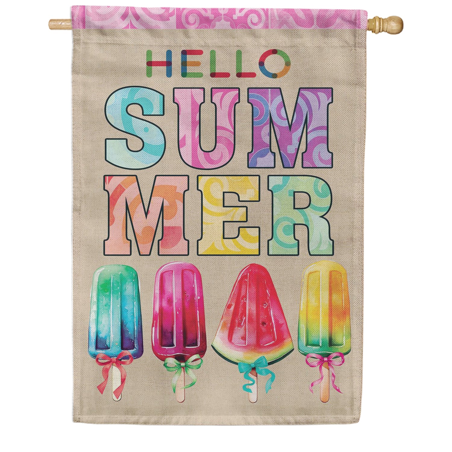 Evergreen Burlap House Flag - Summer Popsicle