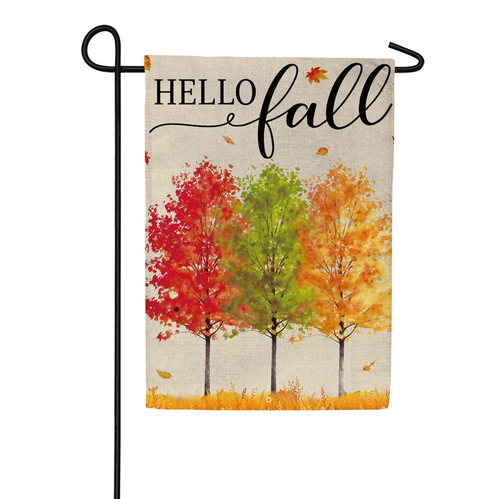 Evergreen Hello Fall Autumn Trees Burlap Garden Flag