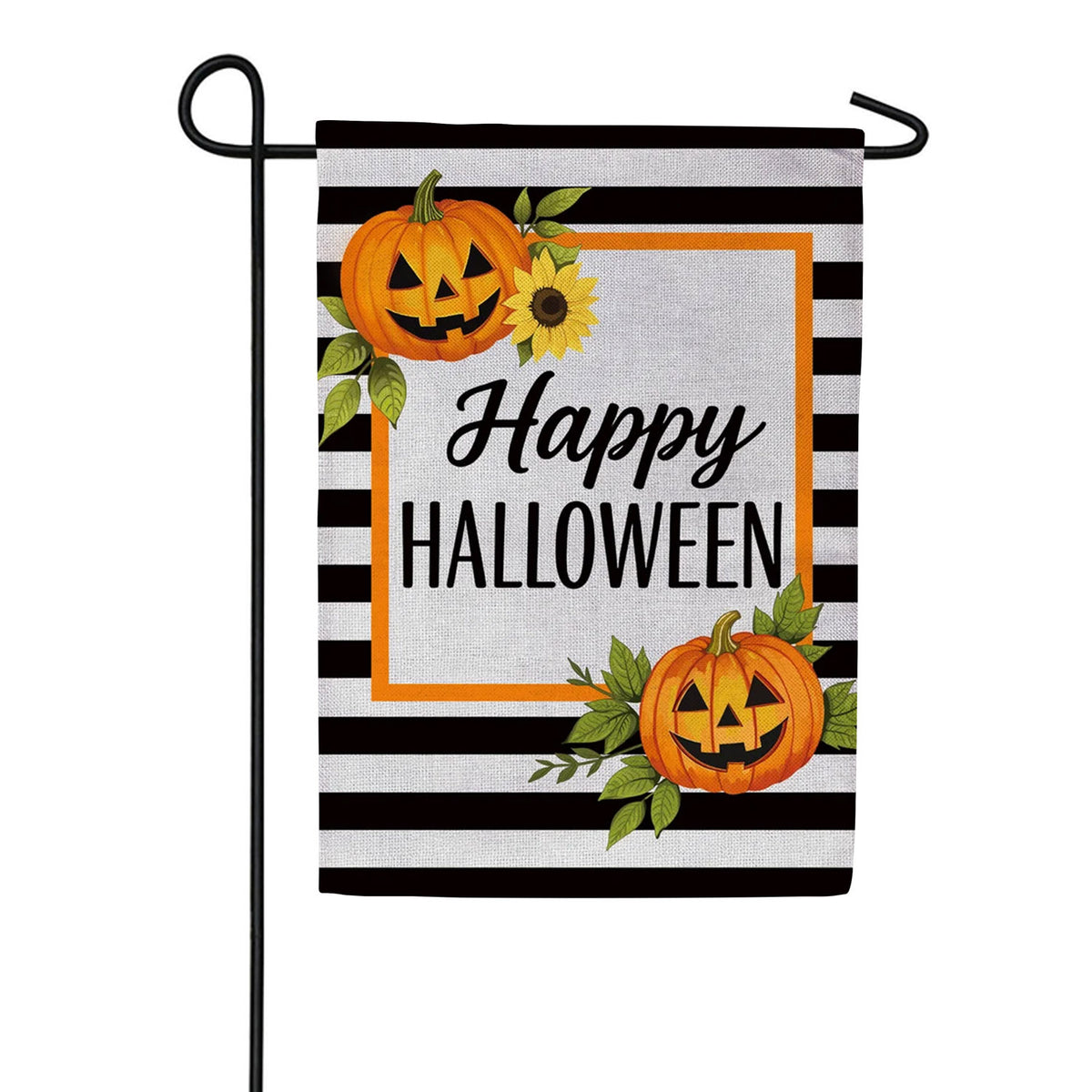 Evergreen Happy Halloween Striped Jack O' Lanterns Burlap Garden Flag