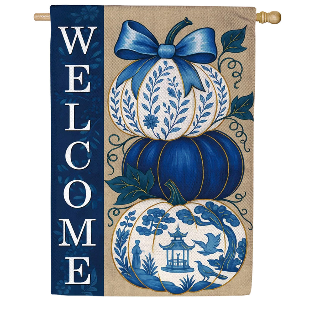 Evergreen Chinoiserie Welcome Pumpkin Burlap House Flag
