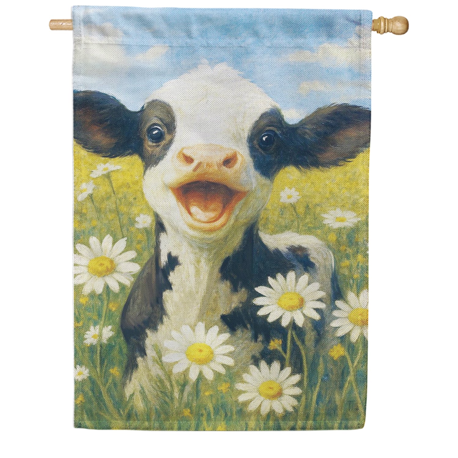 Evergreen Burlap House Flag - Caleb The Happy Calf
