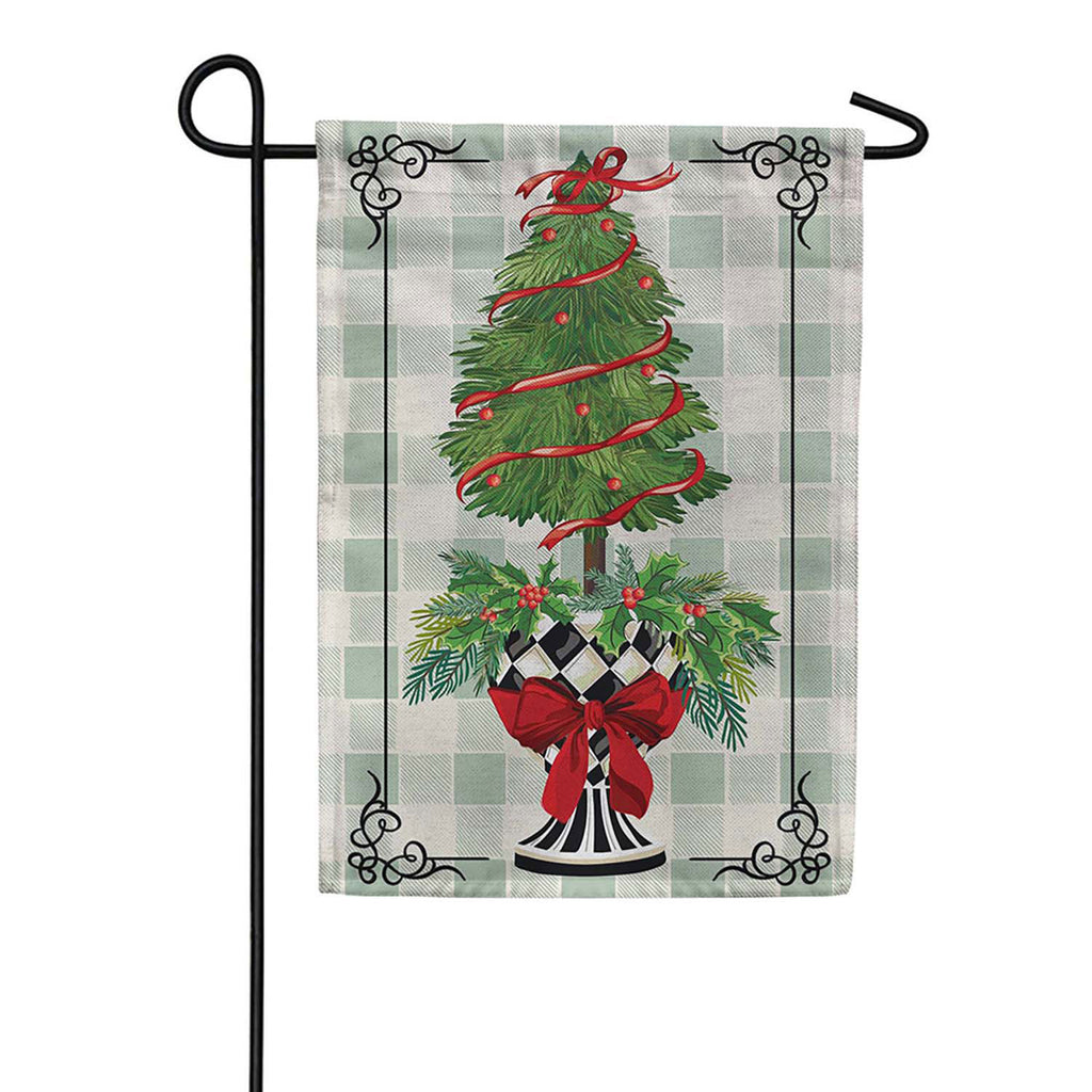 Evergreen Burlap Garden Flag - Christmas Checkered Topiary