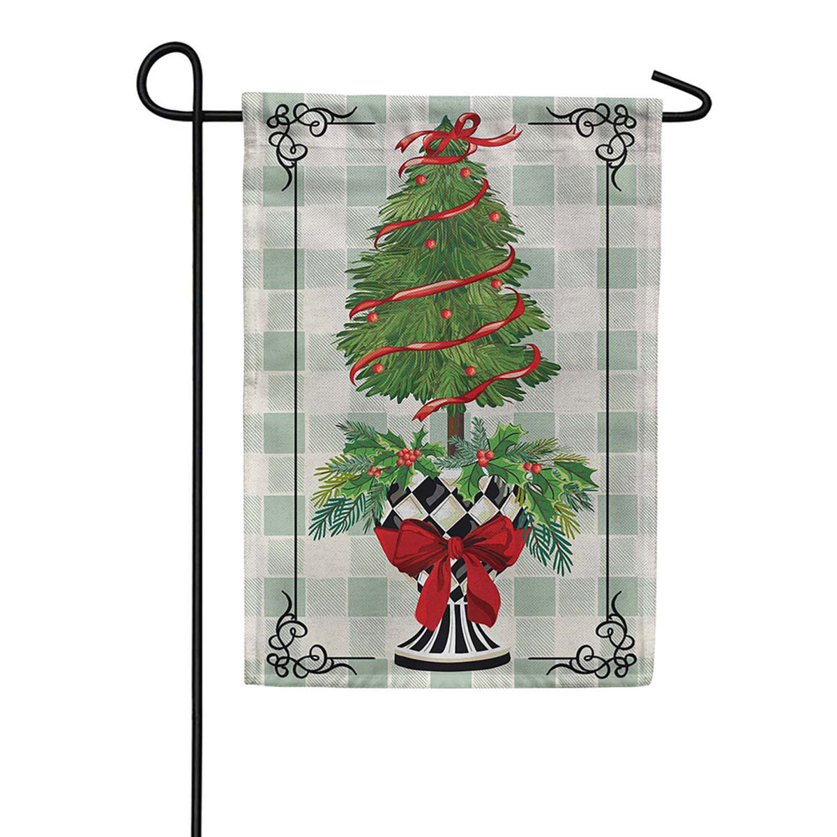 Evergreen Burlap Garden Flag - Christmas Checkered Topiary