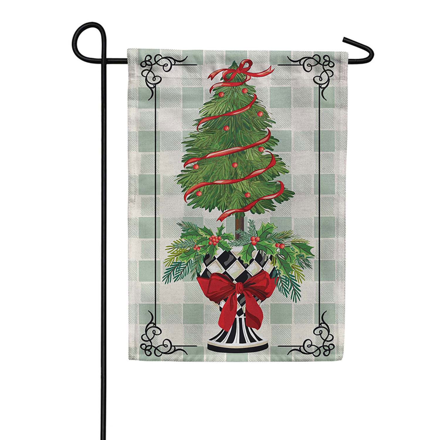 Evergreen Burlap Garden Flag - Christmas Checkered Topiary