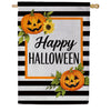 Evergreen Happy Halloween Striped Jack O' Lanterns Burlap House Flag