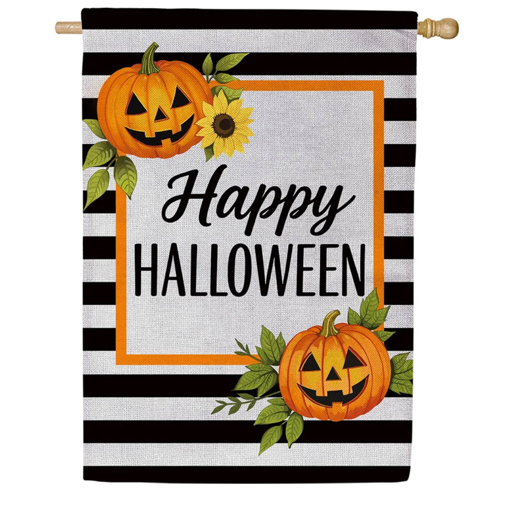 Evergreen Happy Halloween Striped Jack O' Lanterns Burlap House Flag
