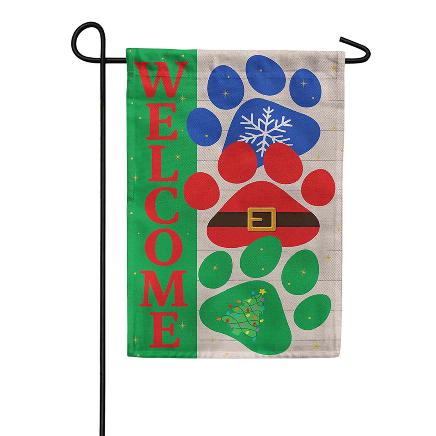 Evergreen Burlap Garden Flag - Christmas Pawprint Trio