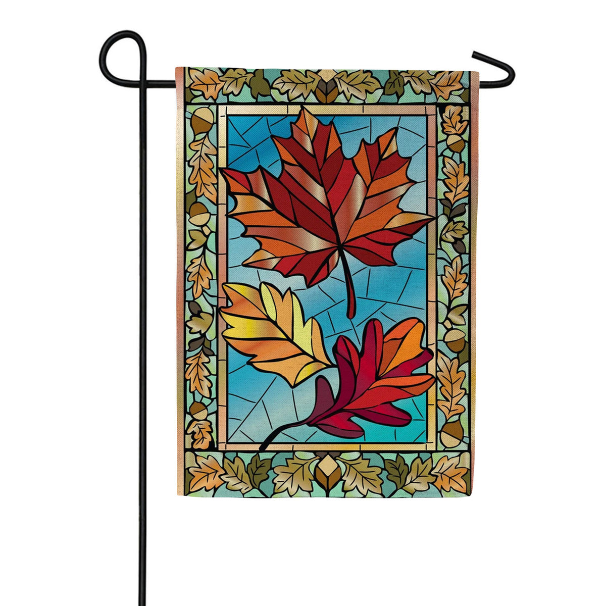 Evergreen Autumn Leaves Stained Glass Burlap Garden Flag