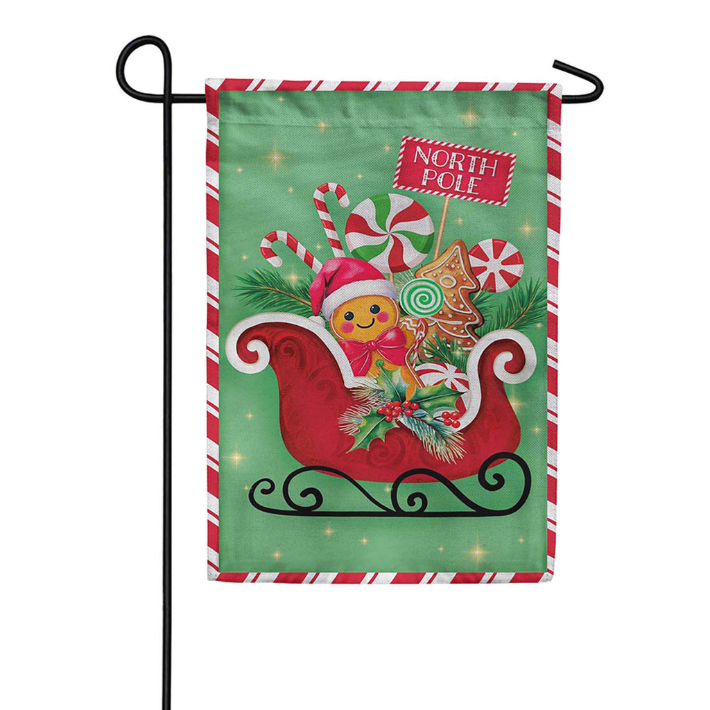 Evergreen Burlap Garden Flag - North Pole Treats Sleigh