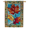 Evergreen Autumn Leaves Stained Glass Burlap House Flag