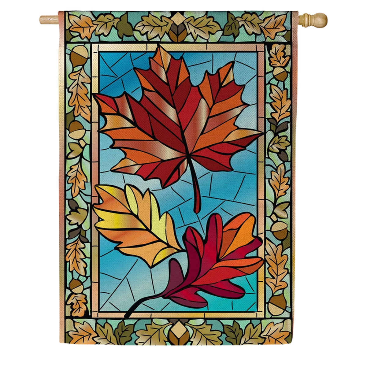 Evergreen Autumn Leaves Stained Glass Burlap House Flag