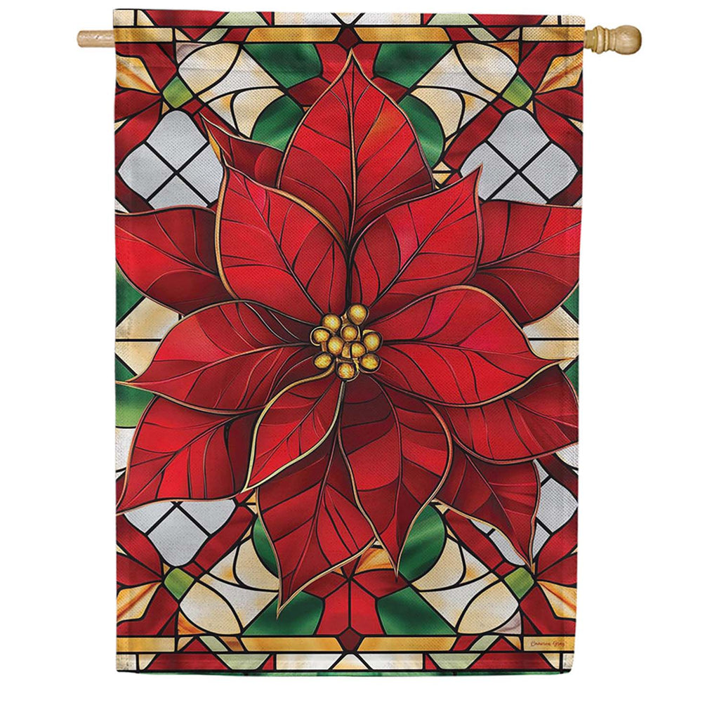 Evergreen Burlap House Flag - Stained Glass Poinsettia