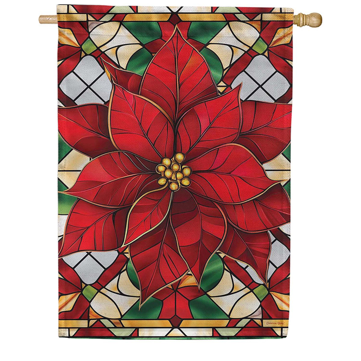 Evergreen Burlap House Flag - Stained Glass Poinsettia