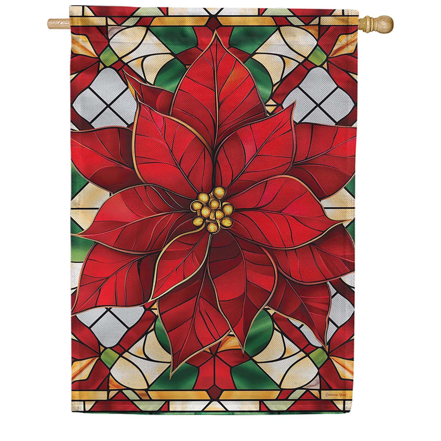 Evergreen Burlap House Flag - Stained Glass Poinsettia