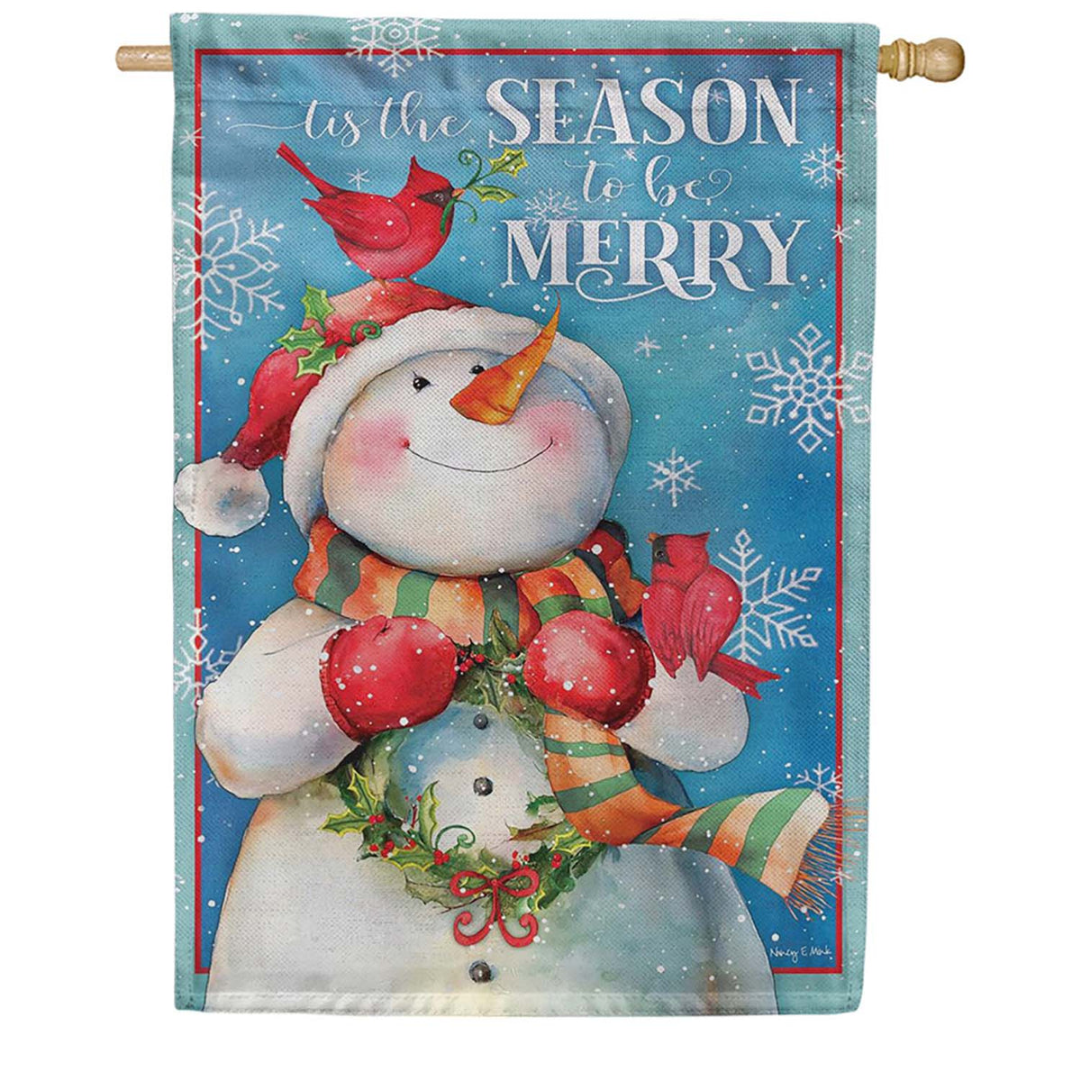 Evergreen Burlap House Flag - Merry Snowman With Cardinal