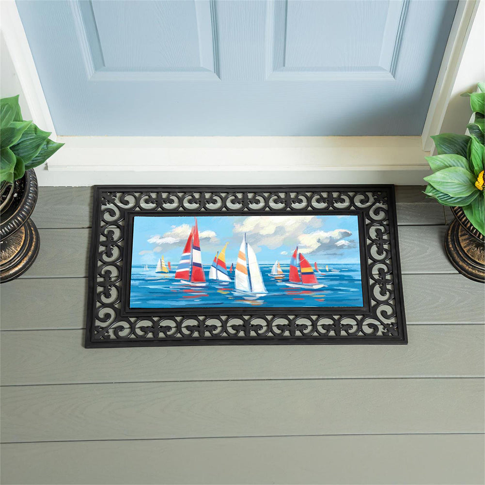 Evergreen Blue Coastal Sailboats Flocked Coir Switch Mat