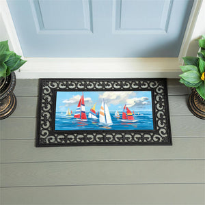 Evergreen Blue Coastal Sailboats Flocked Coir Switch Mat