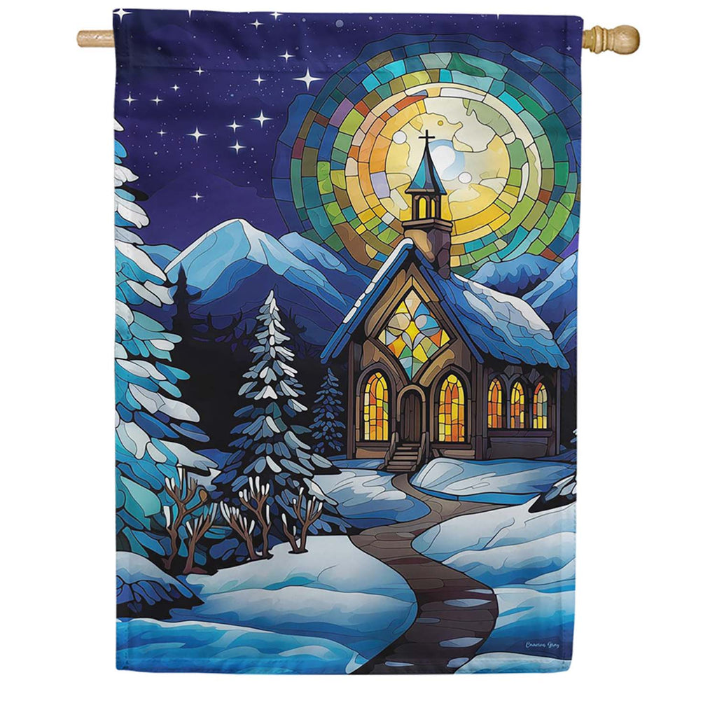 Evergreen Lustre House Flag - Stained Glass Church
