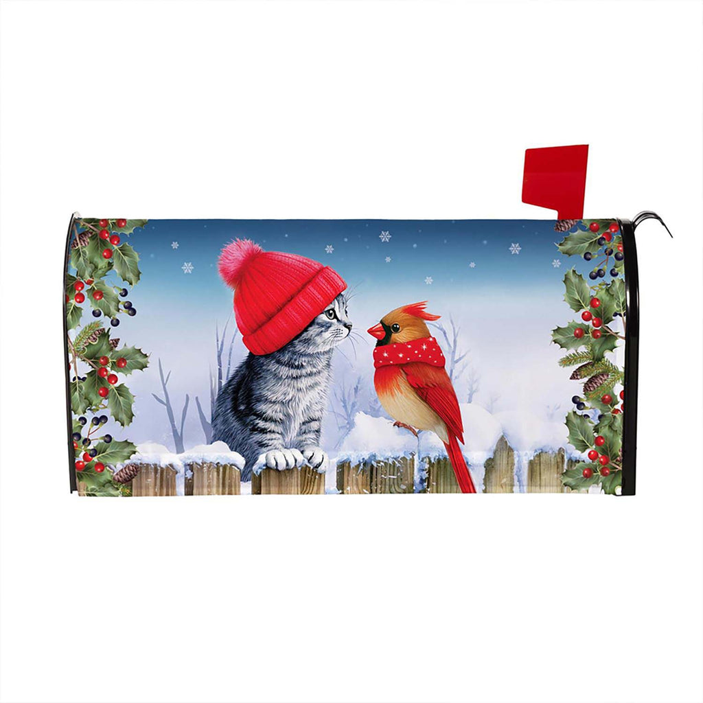 Evergreen Mailbox Cover - Kitten & Cardinal Winter Friends