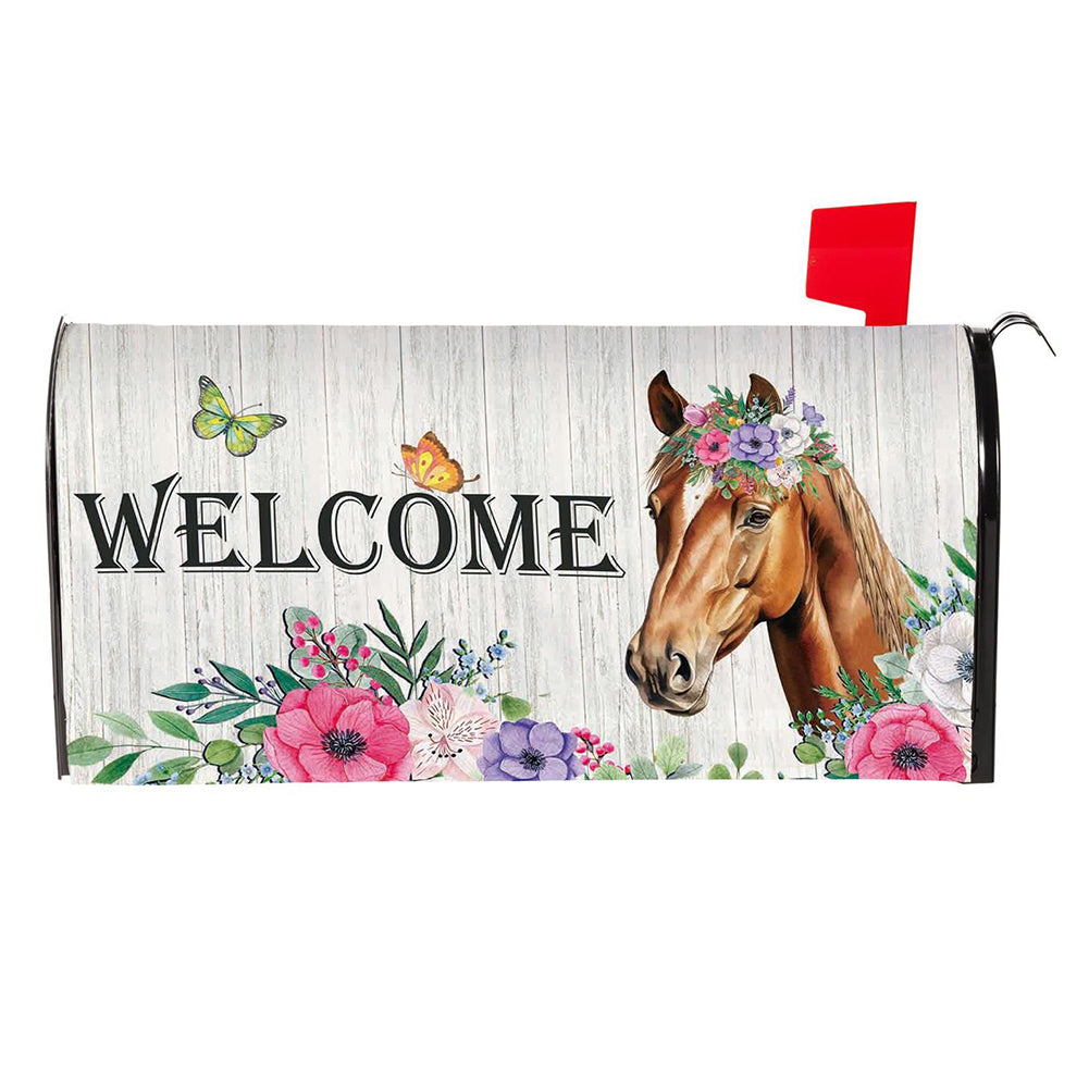 Evergreen Mailbox Cover - Floral Horse Welcome