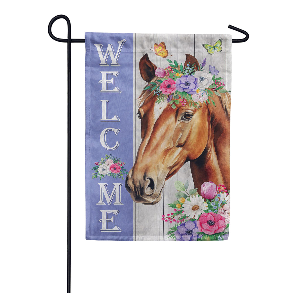 Evergreen Moire Garden Flag - Floral Horse Welcome