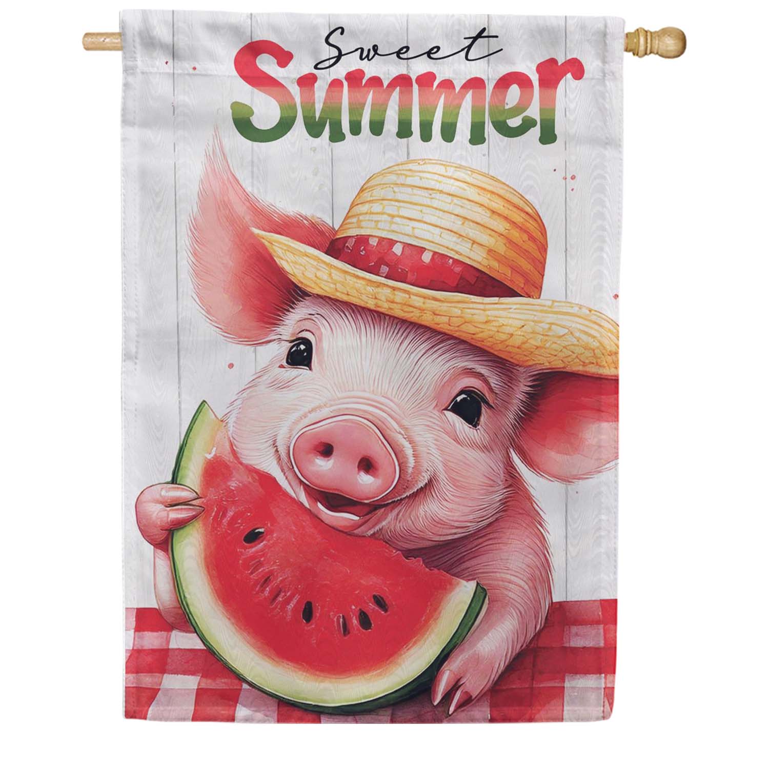 Evergreen Moire House Flag - Sweet Summer Piggy Watermelon
