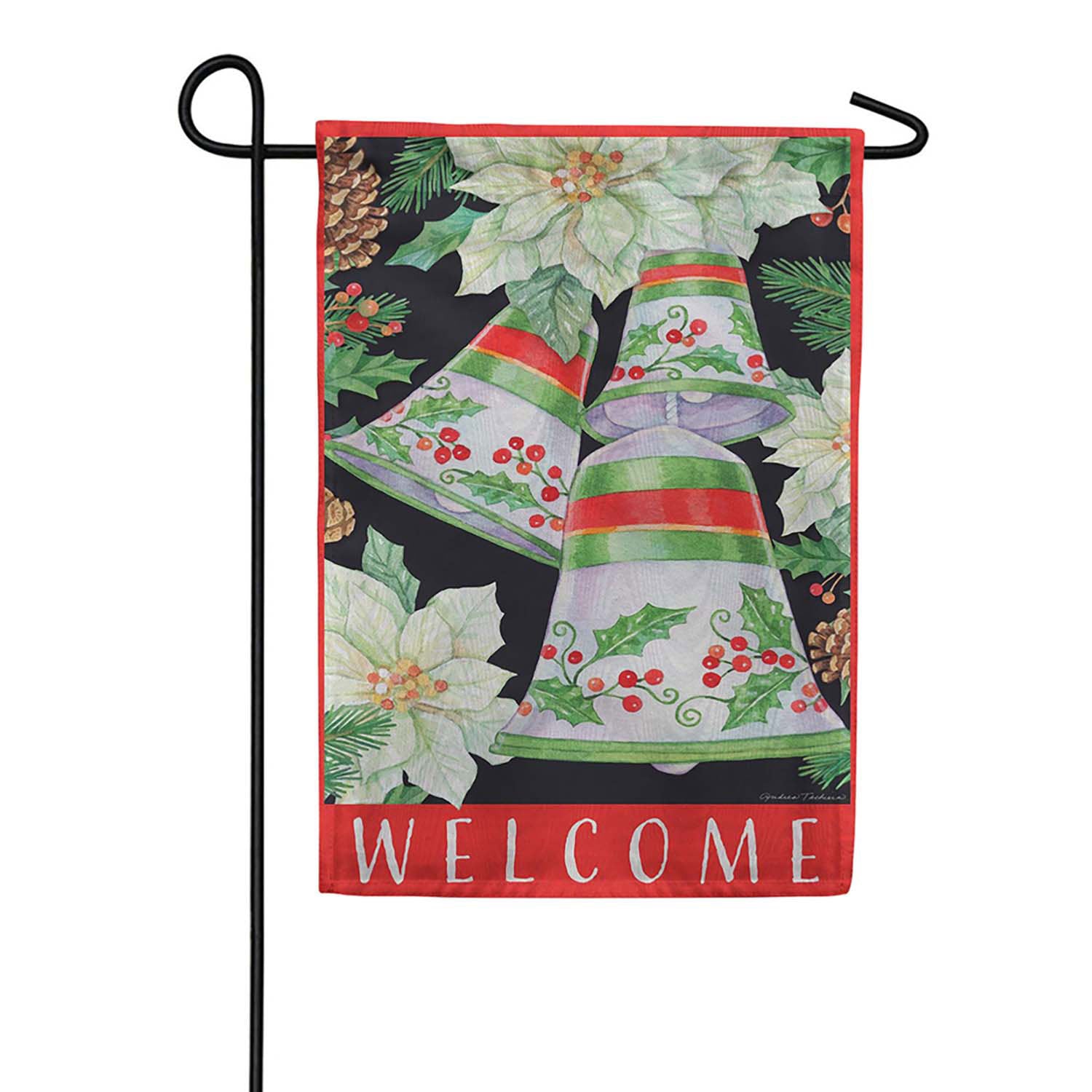 Evergreen Silver Holiday Bells Moire Garden Flag