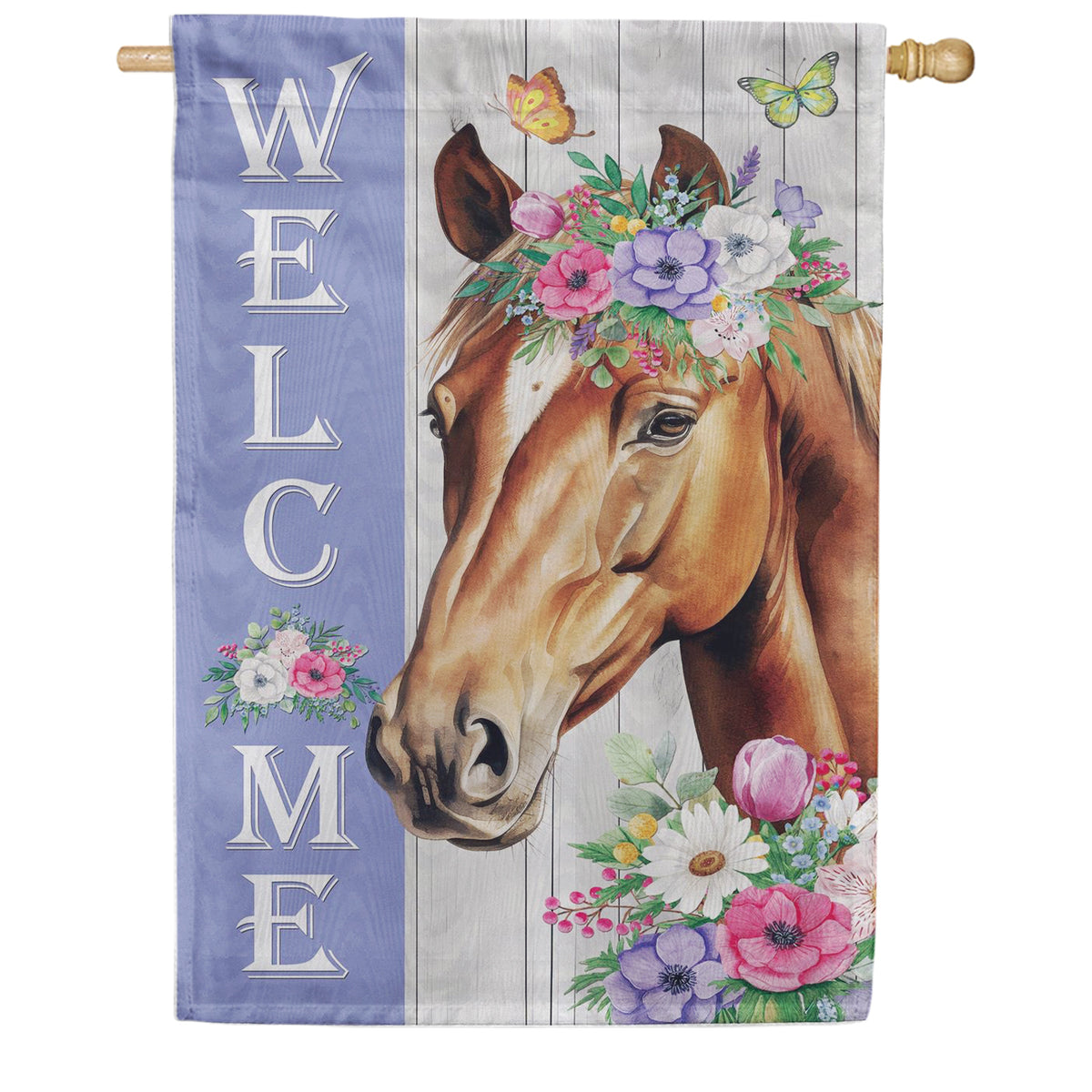 Evergreen Moire House Flag - Floral Horse Welcome