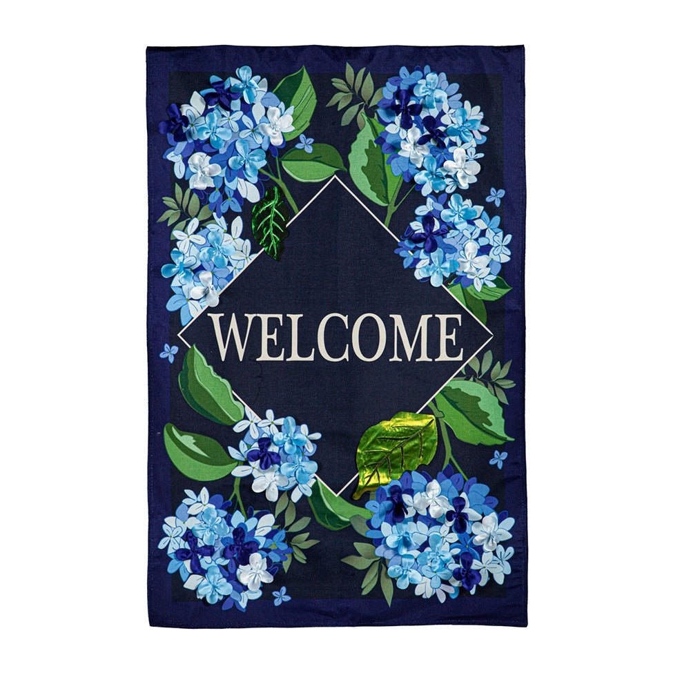 Hydrangea Welcome Burlap Estate Flag