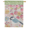 Evergreen Suede 2-Sided House Flag - Pastel Doodles Chickadee
