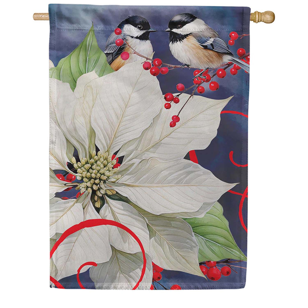 Evergreen Chickadees With Poinsettia Suede 2-Sided House Flag