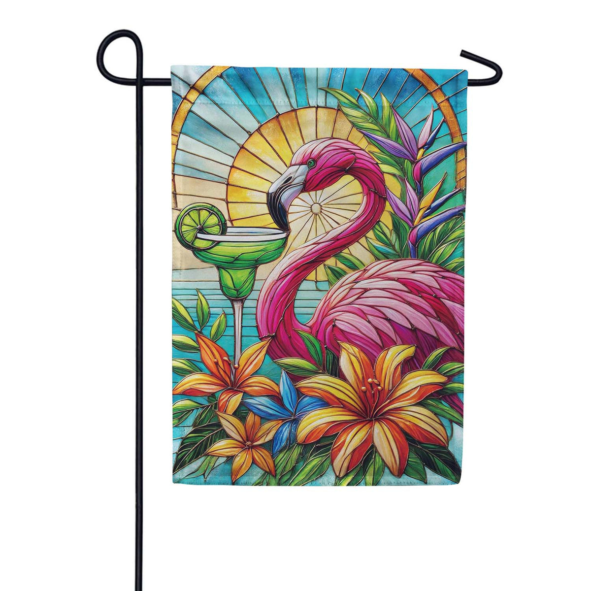 Evergreen Suede 2-Sided Garden Flag - Stained Glass Summer Flamingo