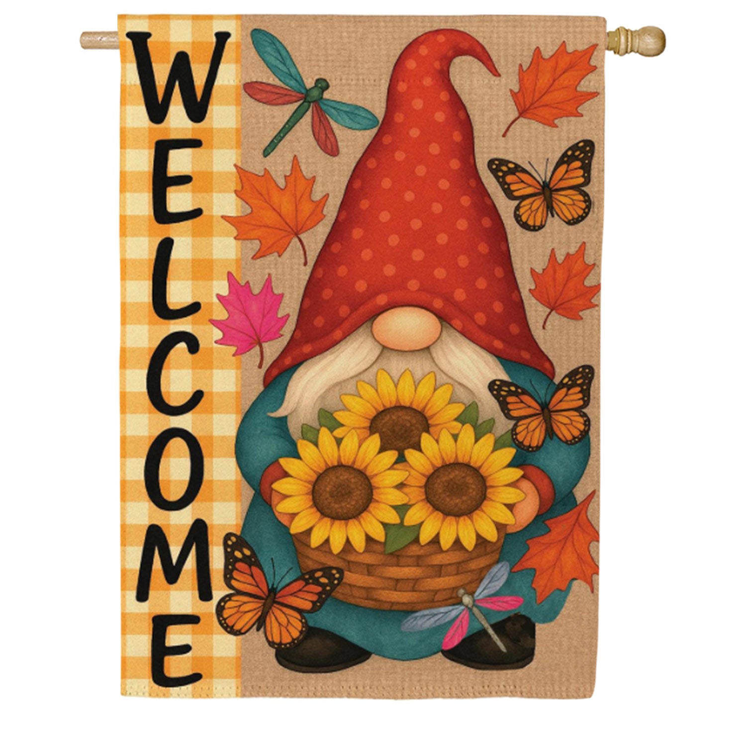 Evergreen Suede House Flag - Welcome Sunflower Gnome