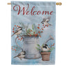 Evergreen Snowbirds Chickadee Watering Can Suede 2-Sided House Flag