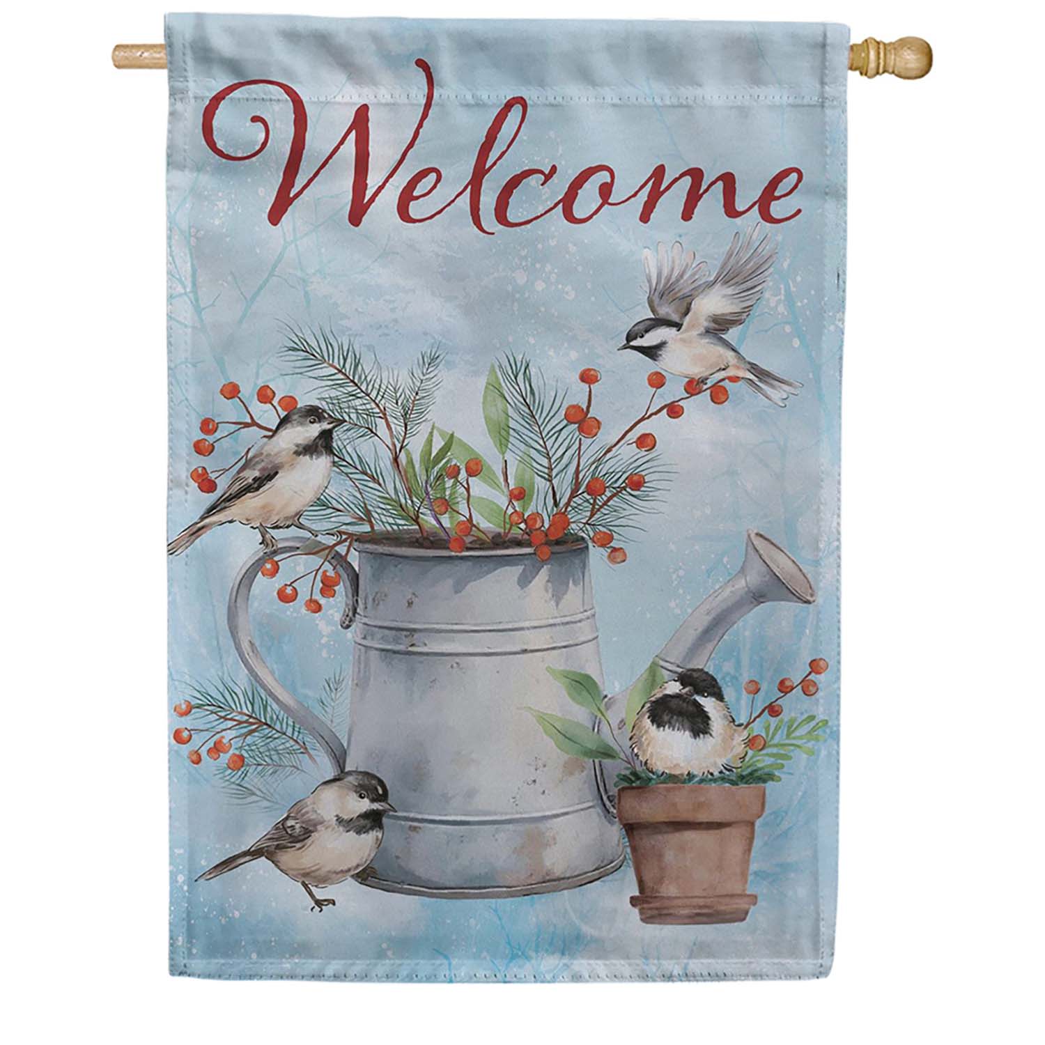 Evergreen Snowbirds Chickadee Watering Can Suede 2-Sided House Flag