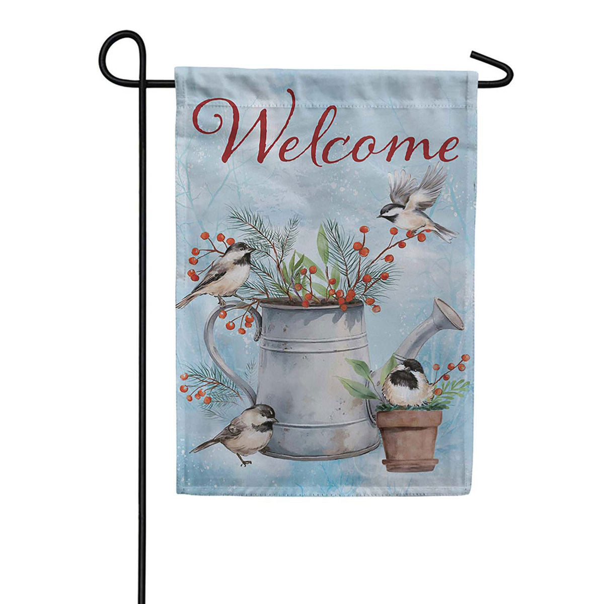 Evergreen Snowbirds Chickadee Watering Can Suede 2-Sided Garden Flag
