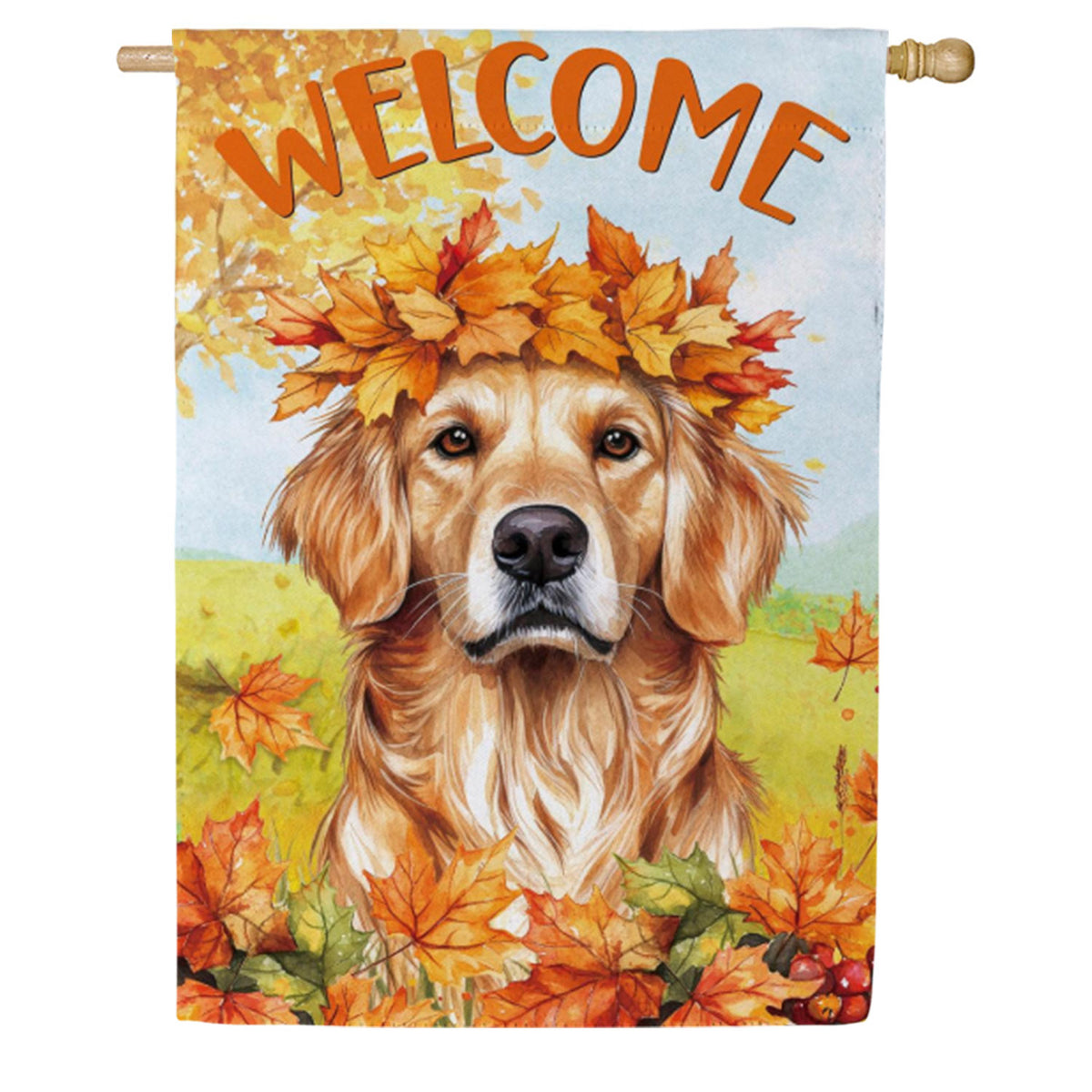 Evergreen Suede House Flag - Pet Central Leaf Golden Retriever