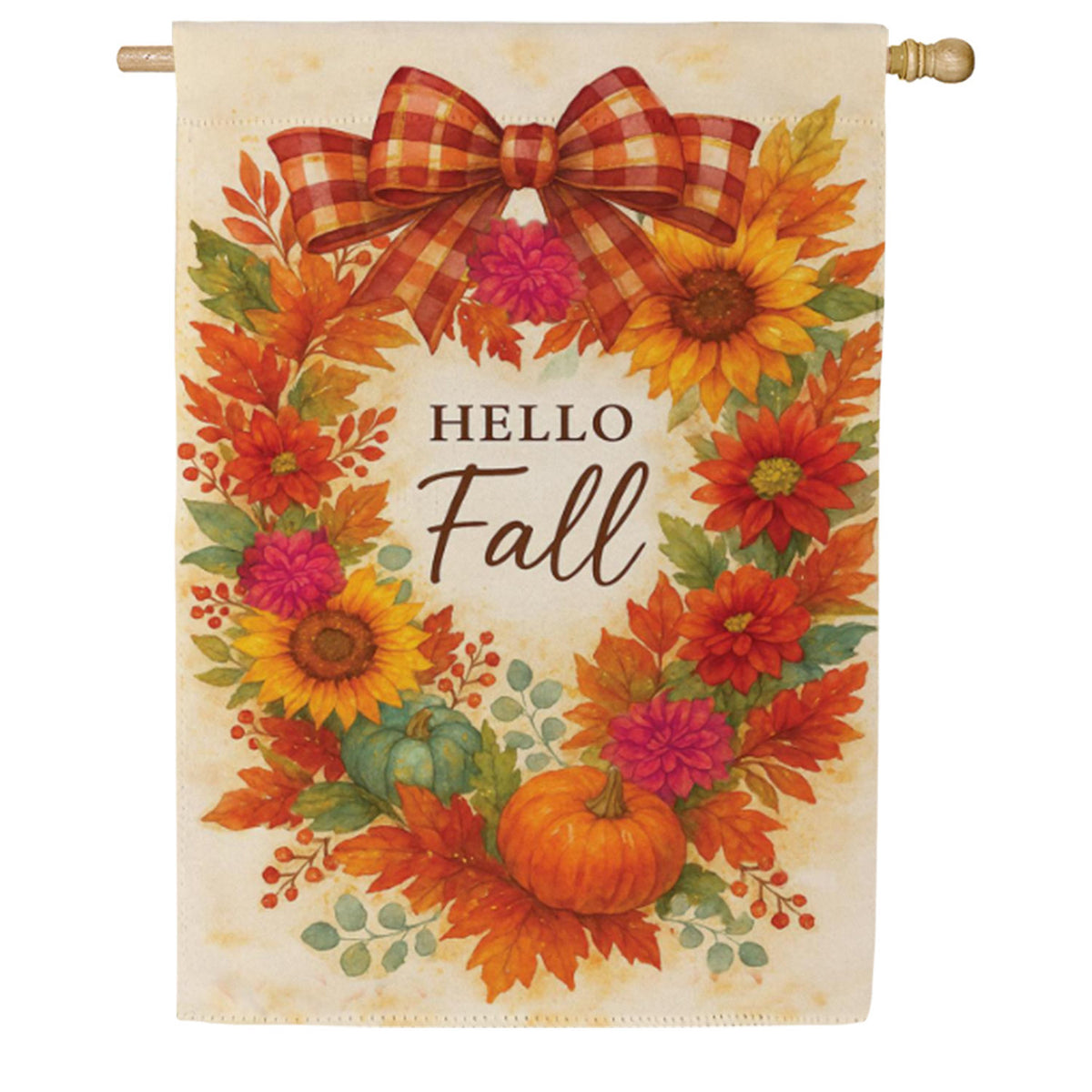 Evergreen Suede House Flag - Hello Fall Wreath