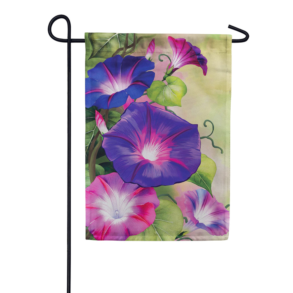 Evergreen Suede 2-Sided Garden Flag - Vivid Morning Glories