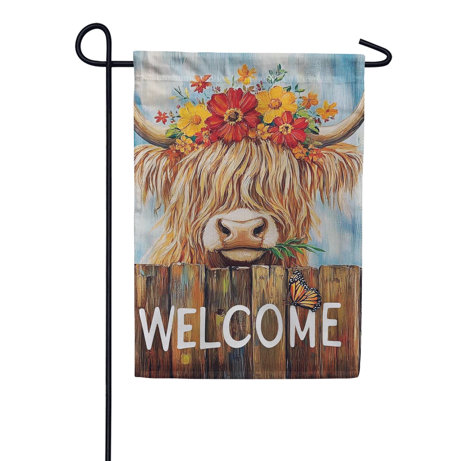 Evergreen Summer Highland Cow Welcome Suede 2-Sided Garden Flag