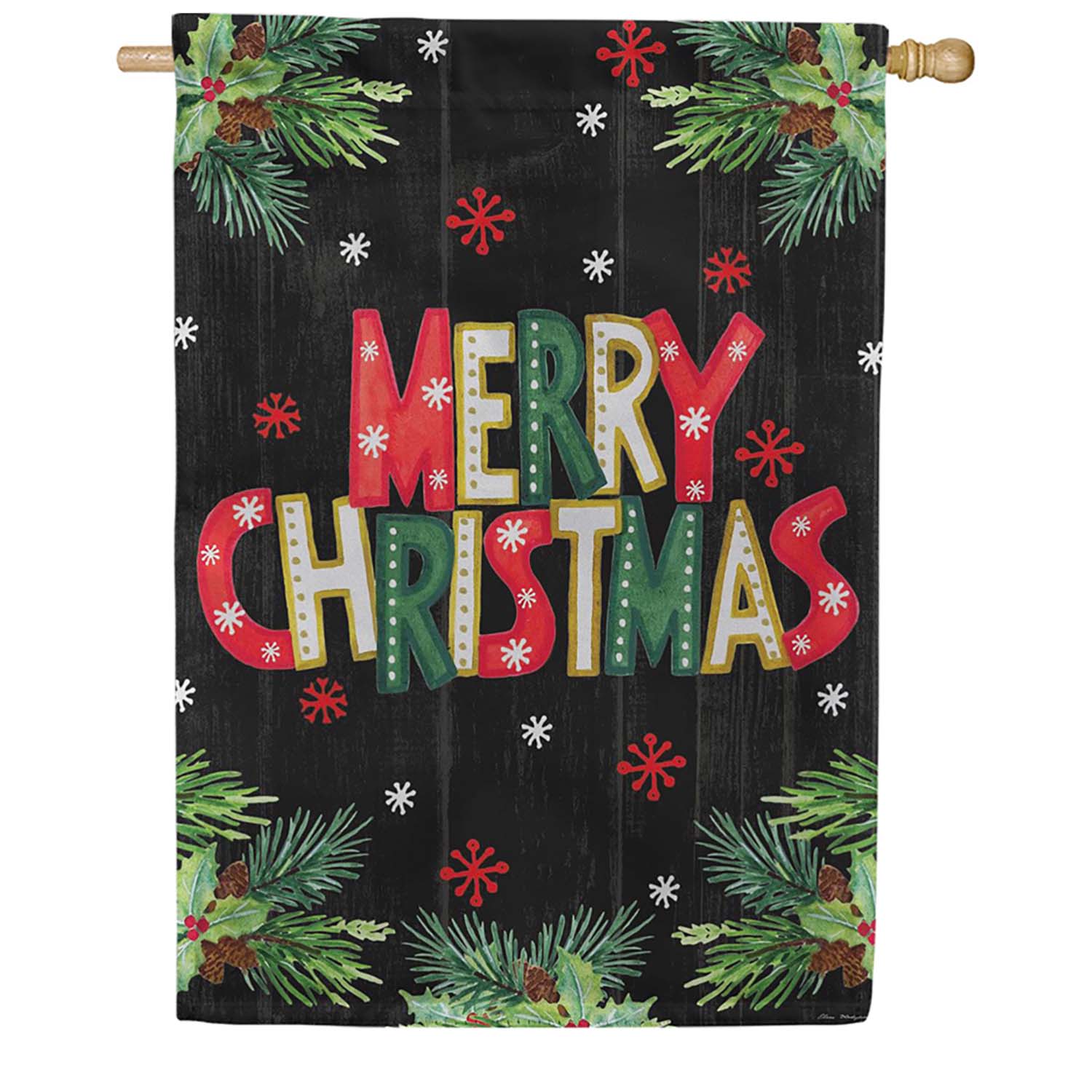 Evergreen Colorful Floral Merry Christmas Suede 2-Sided House Flag