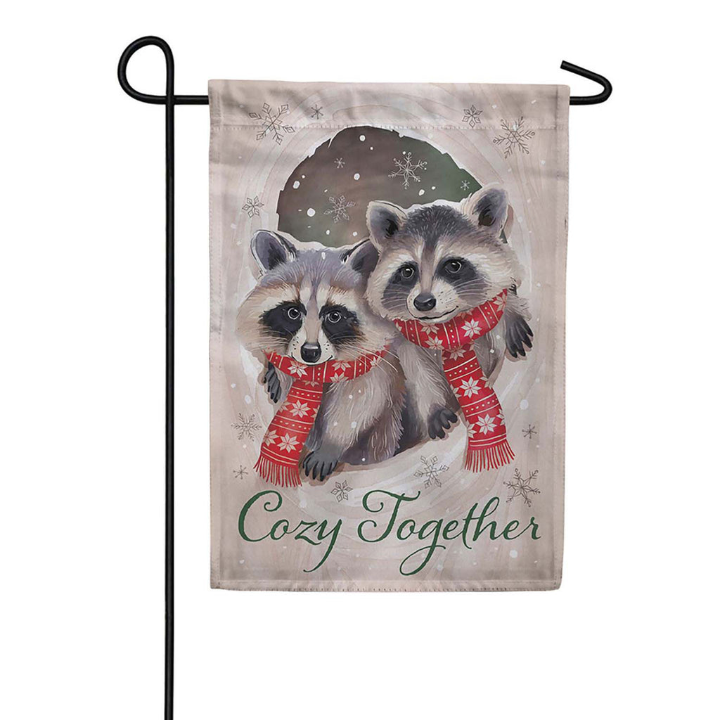 Evergreen Winter Grove Raccoons Suede 2-Sided Garden Flag
