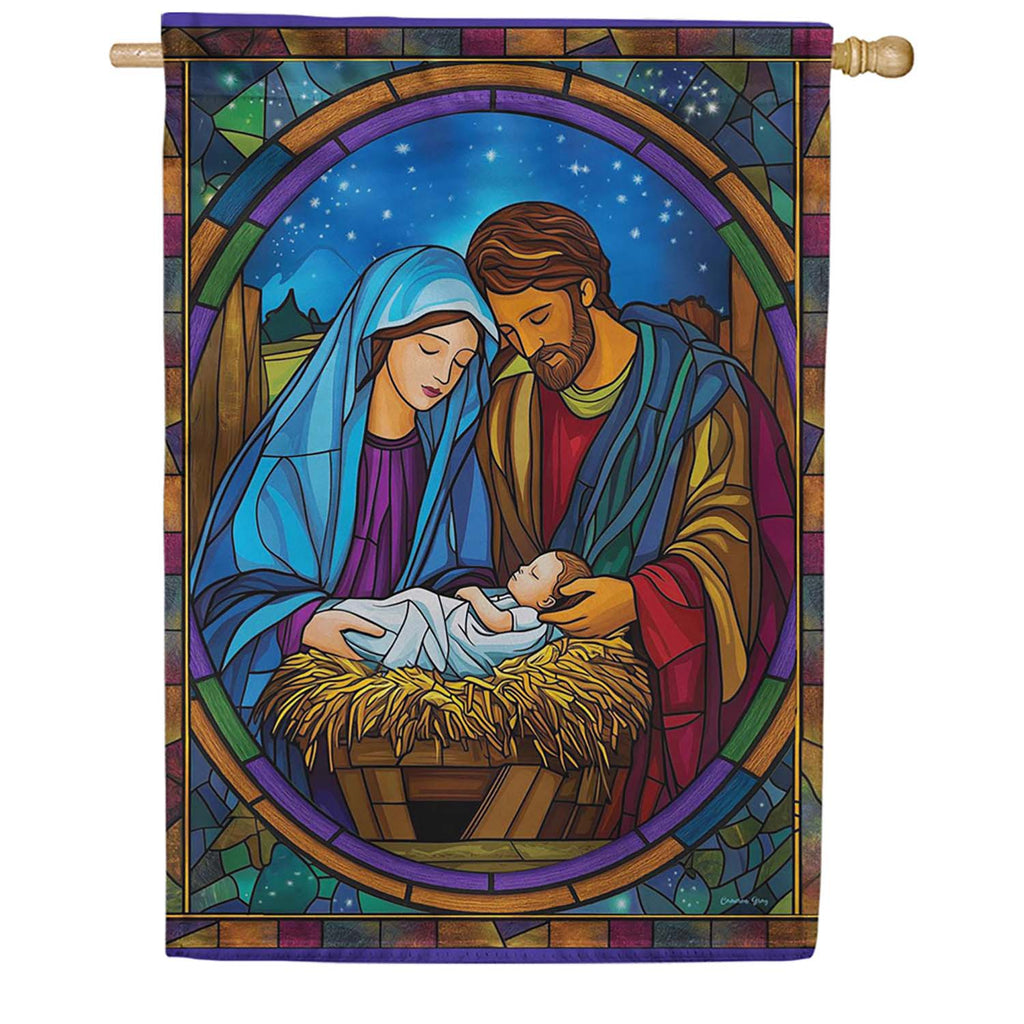Evergreen Stained Glass Holy Night Suede 2-Sided House Flag
