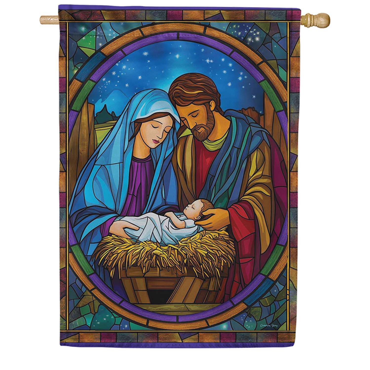 Evergreen Stained Glass Holy Night Suede 2-Sided House Flag