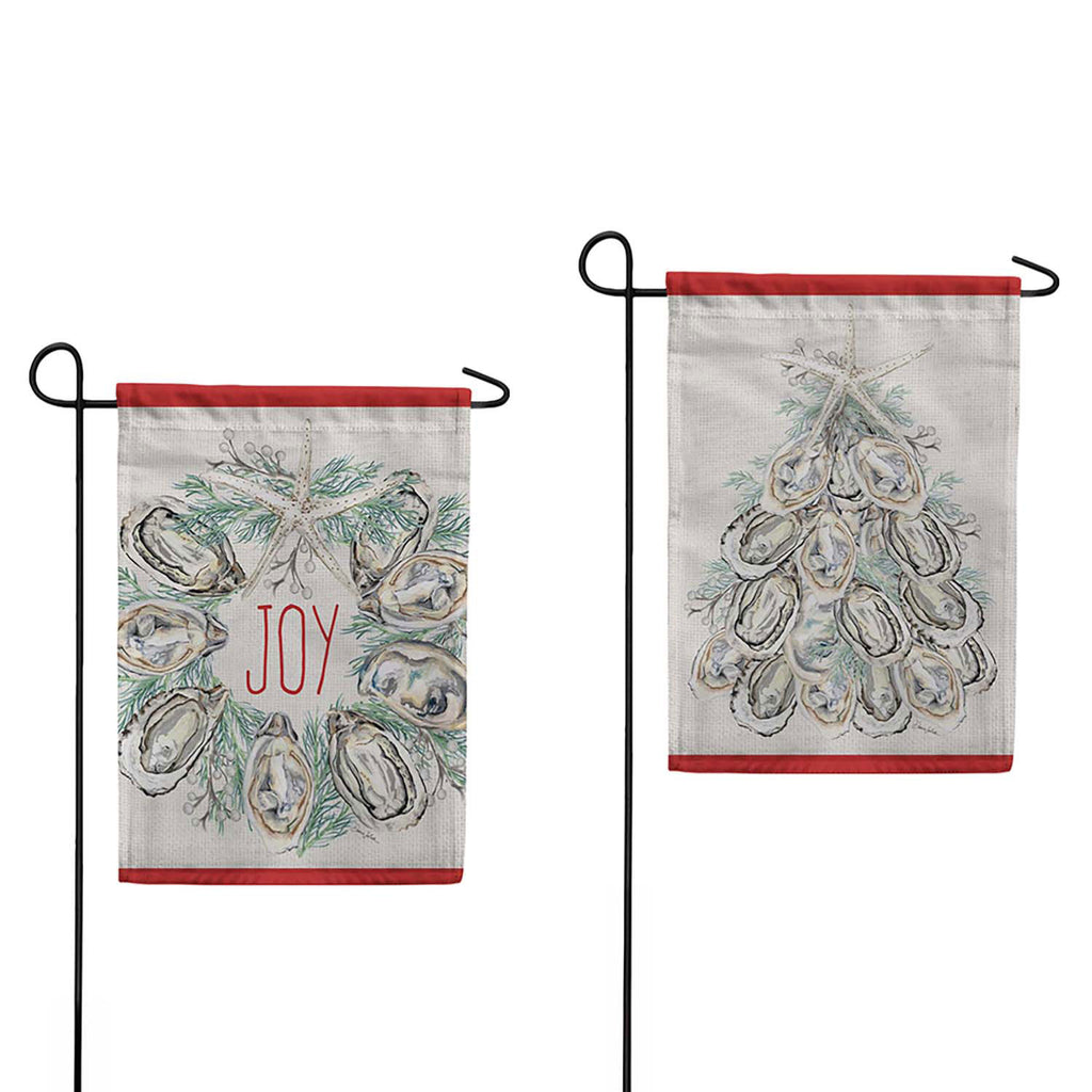 Evergreen Joyful Oyster Wreath & Tree Front Back Suede 2-Sided Garden Flag
