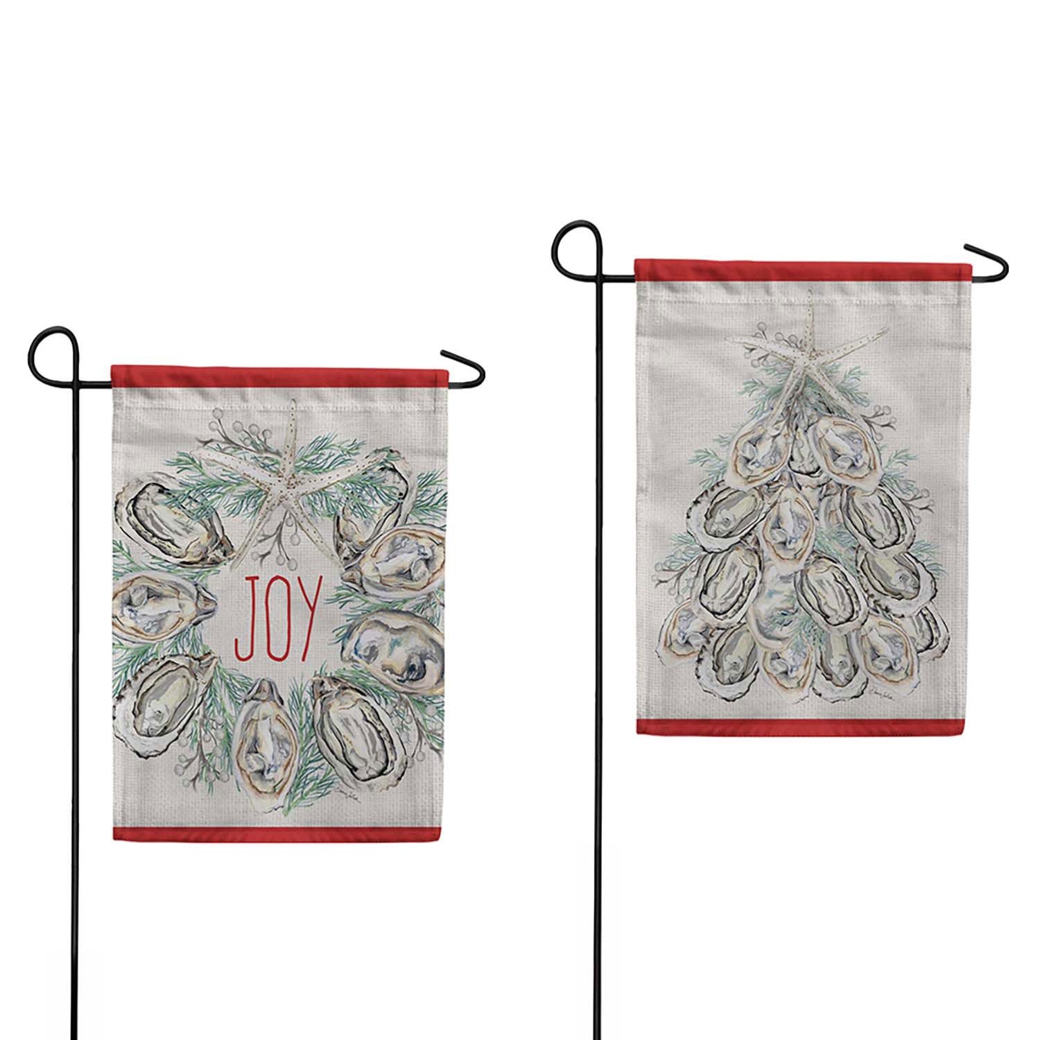 Evergreen Joyful Oyster Wreath & Tree Front Back Suede 2-Sided Garden Flag